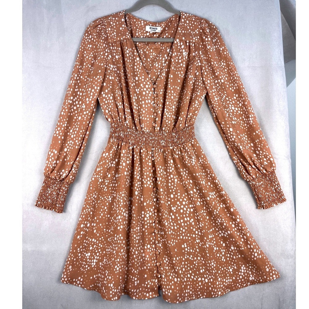BB Dakota Steve Madden Brown Polka Dot Smocked Waist Mini Dress XS Coquette